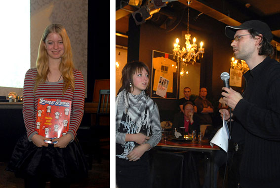 Links: tweedeprijswinnares Laura Clabbers. Rechts: Tess Bernart (eervolle
vemelding) en voorzitter Marcel Ruijters.