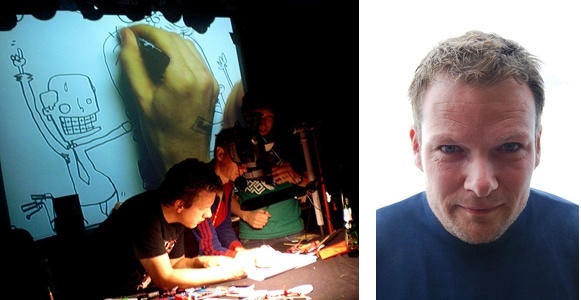 Het Cartoonjock-team en presentator Stefan 'Dan liever de mist in'
Nieuwenhuis