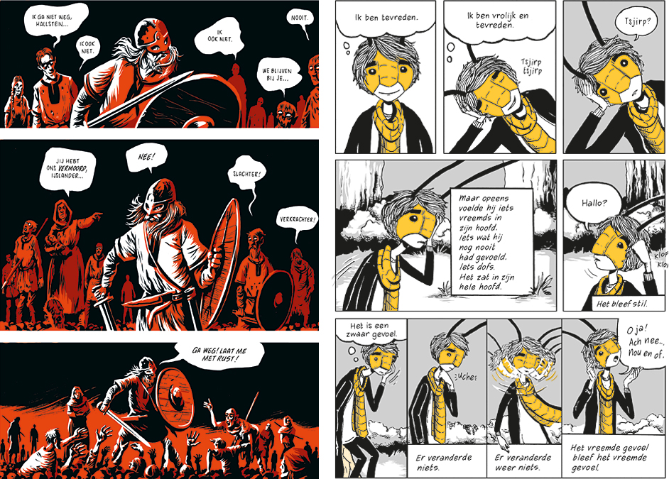 Links: fragment uit De balling door Erik Kriek. Rechts:
fragment
uit De genezing van de krekel door Gwen Stok en Toon Tellegen.